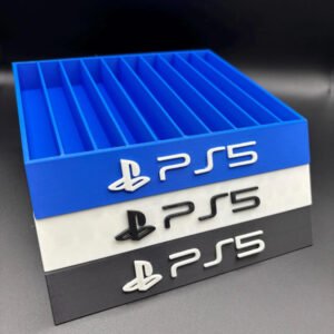 Soporte para juegos PS5 impreso en 3D en azul y negro, diseño apilable con capacidad para varias cajas de juegos, perfecto para la organización.