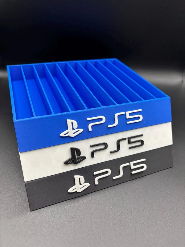 3D-printed PS5 game stand in blue and black, stackable design with capacity for multiple game cases, perfect for organization.